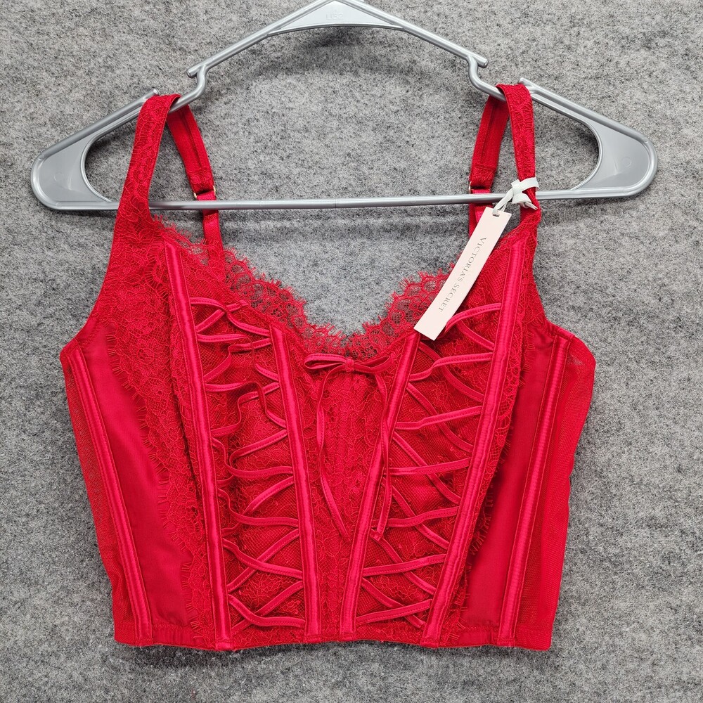 Victoria Secret Dream Angels Unlined Lace Up Corset Top Small-DD Red Lace